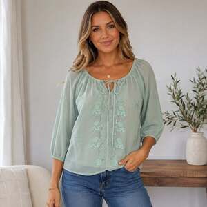 Cal Style U.S.A. Women's Sage Green Embroidered Sequin Blouse C61JL